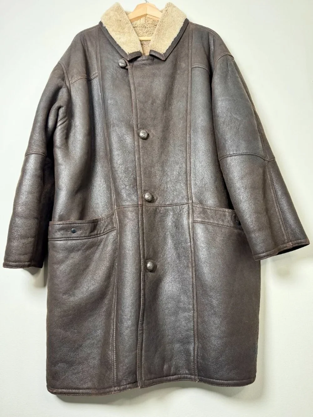 Vintage Denimax Paris NY Genuine Shearling Leather Car Coat Brown XXL
